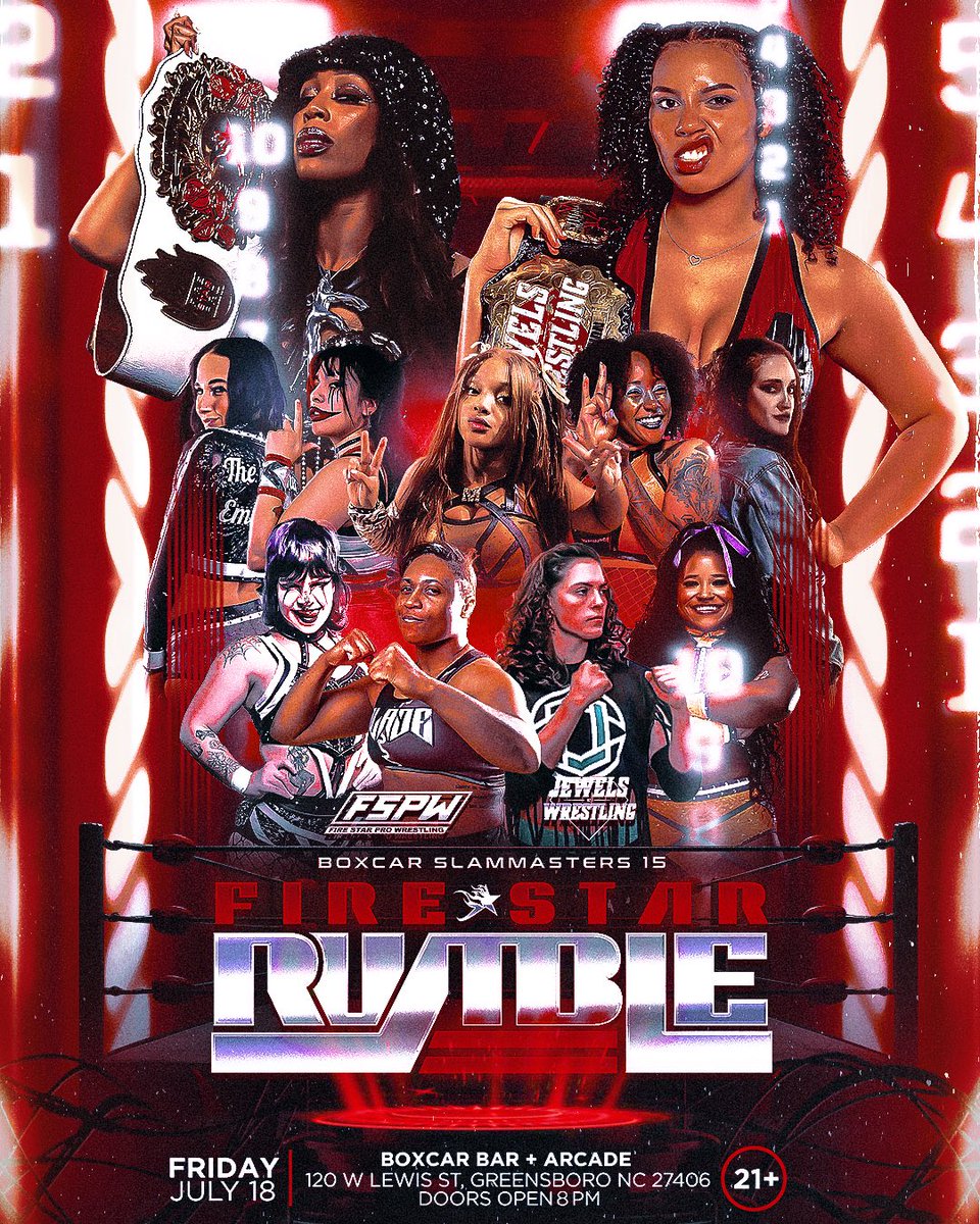 FSPWrestling's tweet image. LETS GET READY TO RUMBLE! FSPW Presents Boxcar Slam Masters 15/ The FireStar Rumble‼️
FSPW Boxcar Slam Masters 15
Friday July 18, 2025
Boxcar Bar & Arcade
Greensboro, North Carolina
Ages 21+ ONLY
Doors open at 8 PM
🎟️ firestarpro.eventbrite.com