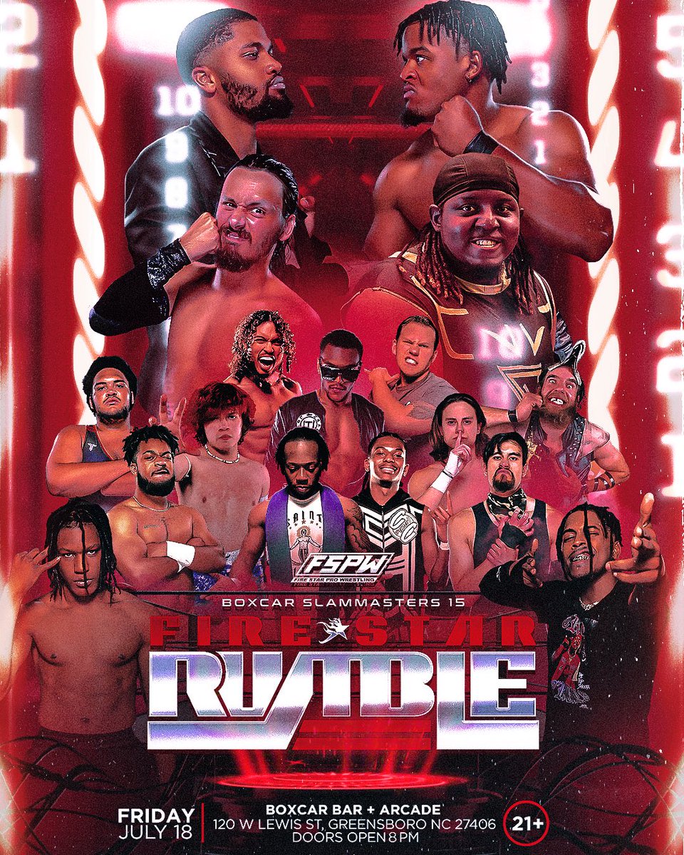 LETS GET READY TO RUMBLE! FSPW Presents Boxcar Slam Masters 15/ The FireStar Rumble‼️

FSPW Boxcar Slam Masters 15
Friday July 18, 2025
Boxcar Bar &amp; Arcade 
Greensboro, North Carolina 
Ages 21+ ONLY 
Doors open at 8 PM

🎟️ firestarpro.eventbrite.com
