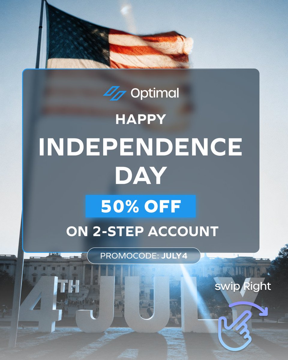 OptimalTrdrs's tweet photo. ⚪ 🔴 🔵 Ready to light up your trading this 4th of July? ⚪ 🔴 🔵 

Happy Independence Day from #OptimalTraders! 🇺🇸
Celebrate freedom with massive savings just for you:

🇺🇸 Get 50% OFF on 2-step account with code JULY4
🇺🇸 Plus, snag 20% OFF on Algo account using JULY4ALGO

This is your moment to trade smarter, faster, and stronger, don’t miss out!
Click the link here🖇️ https://t.co/p6gdpGNHo6

#HappyIndependenceDay #FreedomToTrade #July4Deals #OptimalTraders #TradeAndWin #4thofJuly #4thofjulysale #4th