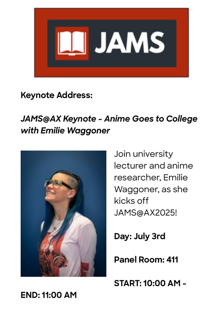Billy - JAMS V5!! - Tringali (@billytringali) on Twitter photo Hello Anime Expo!
The JAMS@AX Conference starts TODAY with an amazing Keynote from the brilliant Emilie Waggoner !!
Stop by Panel Room 411 at 10am to hear how anime goes to college!
<a href="/AnimeExpo/">Anime Expo</a> #AnimeExpo2025 Hello Anime Expo!
The JAMS@AX Conference starts TODAY with an amazing Keynote from the brilliant Emilie Waggoner !!
Stop by Panel Room 411 at 10am to hear how anime goes to college!
<a href="/AnimeExpo/">Anime Expo</a> #AnimeExpo2025
