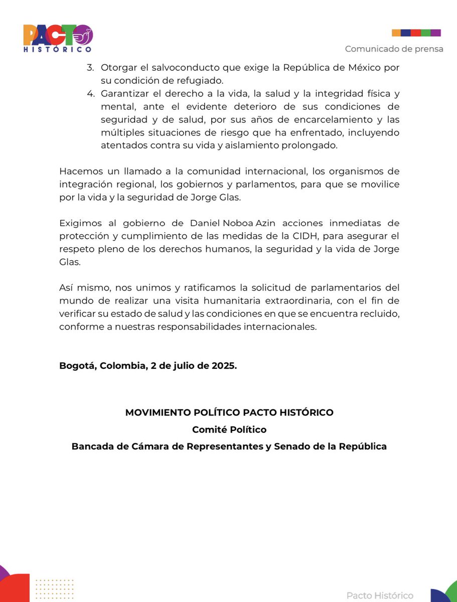 Gloria Flórez Senadora (@gloriaflorezsi) on Twitter photo En el <a href="/PactoCol/">Pacto Histórico Oficial</a> nos sumamos al Grupo Interparlamentario Internacional de apoyo al exvicepresidente de Ecuador Jorge Glas.
Exigimos justicia para Jorge Glas, que enfrenta una crítica situación debido a un proceso judicial con múltiples irregularidades, que ha generado graves En el <a href="/PactoCol/">Pacto Histórico Oficial</a> nos sumamos al Grupo Interparlamentario Internacional de apoyo al exvicepresidente de Ecuador Jorge Glas.
Exigimos justicia para Jorge Glas, que enfrenta una crítica situación debido a un proceso judicial con múltiples irregularidades, que ha generado graves