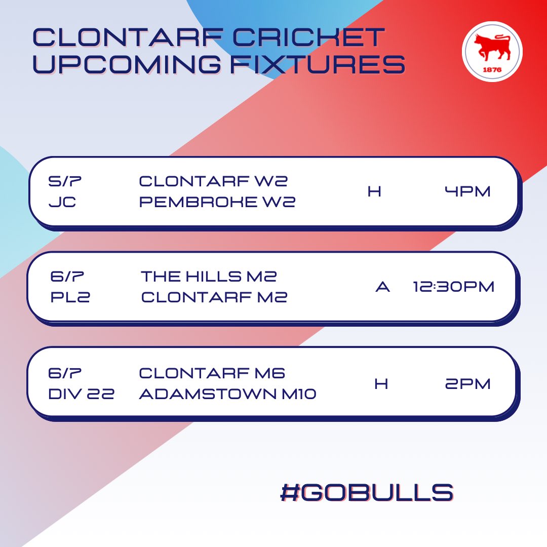 Weekend fixtures 🏏 
Three games this weekend for Clontarf.
On Saturday, the W2 🏆 host Pembroke in a cup match at Castle Avenue.
On Sunday, the M2 travel to The Hills for a league fixture, while the M6 are at castle avenue against Adamstown.
Best of luck to teams!
#GoBulls 🔴🔵