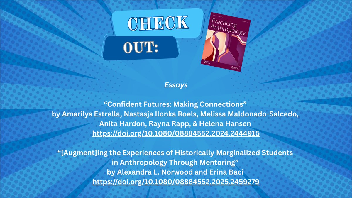RiskDisasterTIG's tweet image. Check out Estrella et al's “Confident Futures: Making Connections” and Norwood &amp;amp; Baci's "[Augment]ing the Experiences of Historically Marginalized Students in Anthropology Through Mentoring" in the latest #PracticingAnthropology at tandfonline.com/journals/rpay20 #Anthropology #SfAA