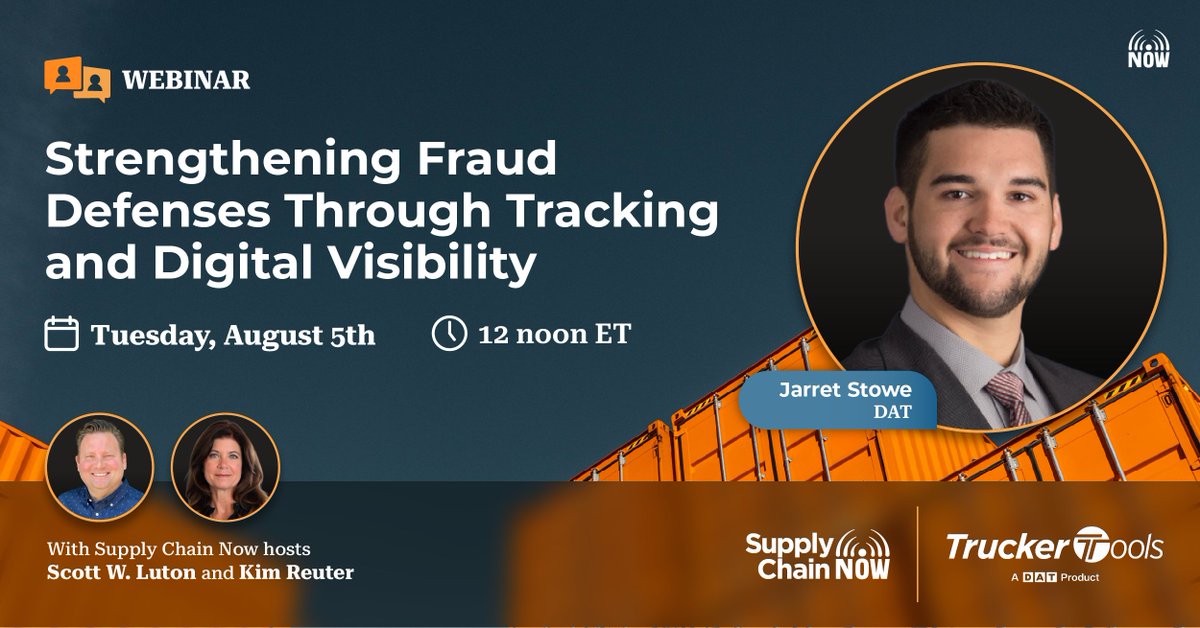 Supply Chain Now (@_supplychainnow) on Twitter photo 🚨 Freight fraud is evolving—are your systems ready?
@Scottwluton, Kim Reuter & Jarret Stowe from <a href="/datfreightteam/">DAT Freight & Analytics</a> share how brokers are using tech to close visibility gaps & fight back.
🔗 Register/watch: hubs.ly/Q03vynbT0 🚨 Freight fraud is evolving—are your systems ready?
@Scottwluton, Kim Reuter & Jarret Stowe from <a href="/datfreightteam/">DAT Freight & Analytics</a> share how brokers are using tech to close visibility gaps & fight back.
🔗 Register/watch: hubs.ly/Q03vynbT0