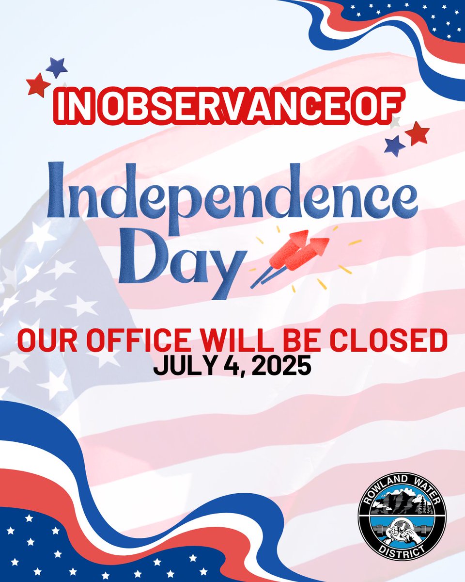 💙Just a reminder that our office will be closed tomorrow in observance of Independence Day. Our staff will be back in the office Monday!

 You can make payments 
💻Online at rwd.org 
☎️By Phone by calling 877-810-0273 
📭Night Drop Box in the parking lot