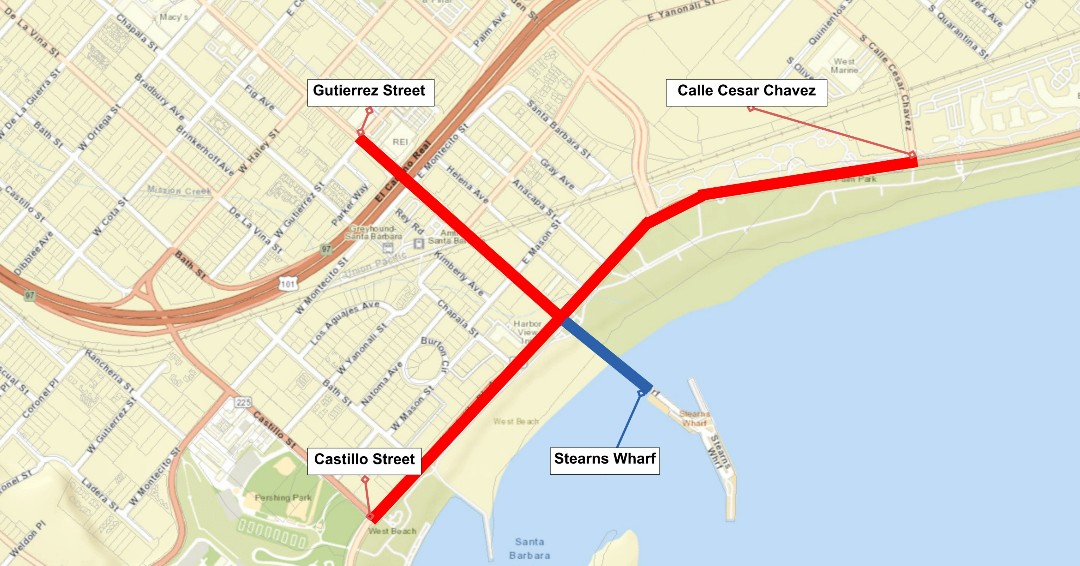 July 4th Road Closures: Cabrillo Boulevard (RED: from Castillo Street to Calle Cesar Chavez) and State Street (RED: from Gutierrez Street to Cabrillo Boulevard) closed at 6:00 p.m. Stearns Wharf (BLUE) closed to vehicle traffic at 3:30 p.m.

More info SantaBarbaraCA.gov/news/celebrate…