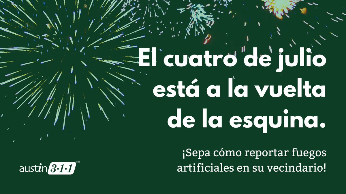 Si nota actividad ilegal de fuegos artificiales en su área, llame al 3-1-1 o al 512-974-2000 y envíe una solicitud de servicio con uno de nuestros embajadores de Austin 3-1-1. Cualquier queja relacionada con disparos o posibles disparos debe dirigirse al 9-1-1.