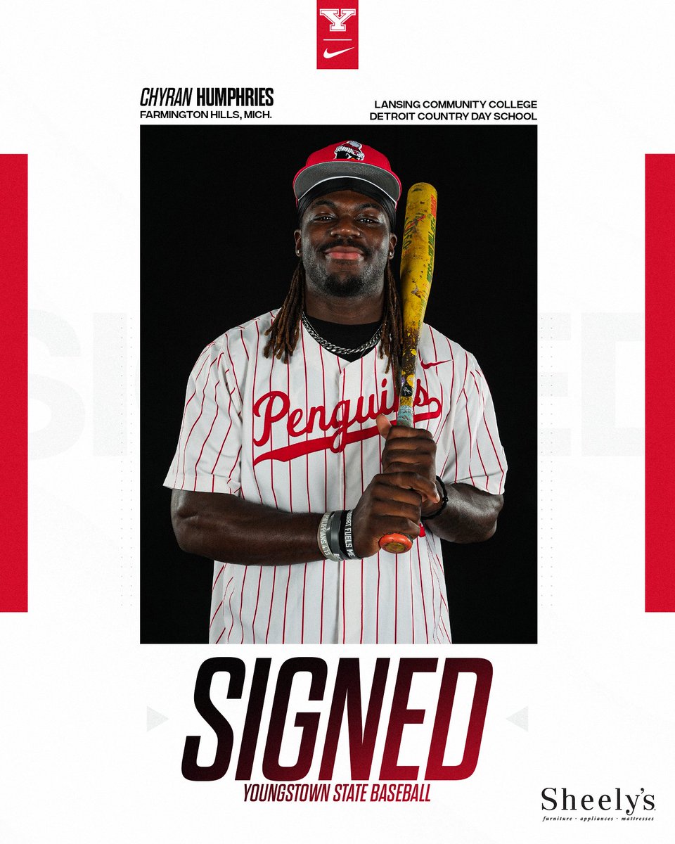 We're thrilled to officially welcome junior transfer 𝐂𝐡𝐲𝐫𝐚𝐧 𝐇𝐮𝐦𝐩𝐡𝐫𝐢𝐞𝐬 to the YSU Baseball family ‼️🐧⚾️

The Farmington Hills, Mich., native batted .309 and slugged .638 with 11 doubles, 13 home runs and 46 RBIs at Lansing Community College in 2025!

#GoGuins