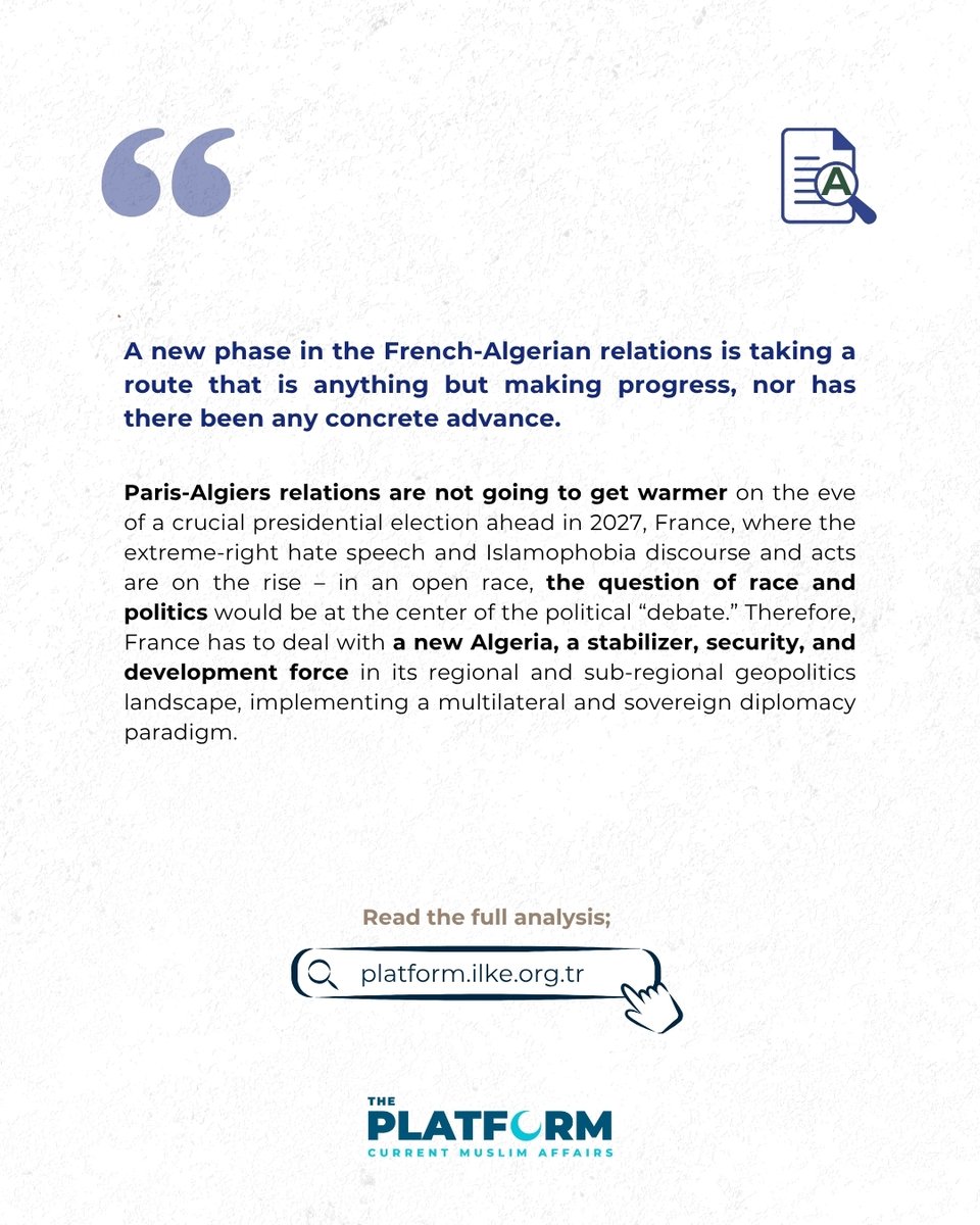 As Algeria expelled 12 French diplomats in April over the arrest of its consulate, tensions have deepened over the colonial legacy, migration, and France’s stance on Western Sahara.

Abdennour Toumi (<a href="/toumi_abdennour/">Abdennour Toumi عبدالنّور تومي</a>) wrote for The Platform.

🔗 platform.ilke.org.tr/analyze/french…