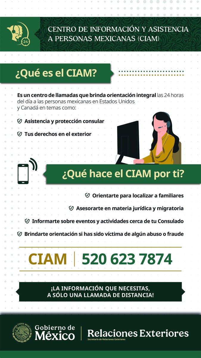 ¿Sabes qué es el CIAM? 🇲🇽

El Centro de Información y Asistencia a personas Mexicanas está contigo 24/7.
🛡️ Asistencia consular
⚖️ Orientación jurídica y migratoria
👨‍👩‍👧‍👦 Búsqueda de familiares

📍 Info sobre servicios y eventos
¡Llama ya! ☎️ 520-623-7874
#ConoceyEjerceTusDerechos