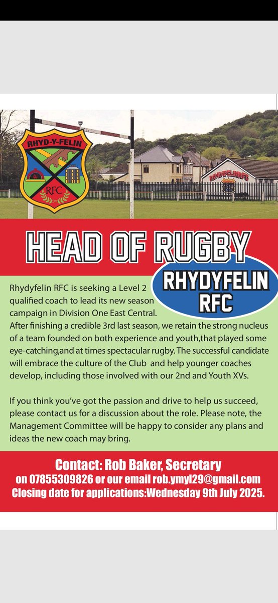 Great opportunity to join a great club.
Rhydyfelin RFC 
#rhydyfelinrfc@hotmail.co.uk