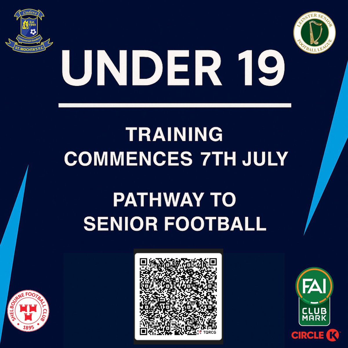 📣 UNDER 19s OPEN TRAINING 

📍 Beech Park, Clonsilla
🗓️ Monday, 7th July
🕒 Open Session

⚽ UEFA Licensed Coaches
🚀 Pathway to Senior Football
🔗 In partnership with Shelbourne FC
📲 Scan QR to register. 

Proudly part of the FAI Club Mark Programme