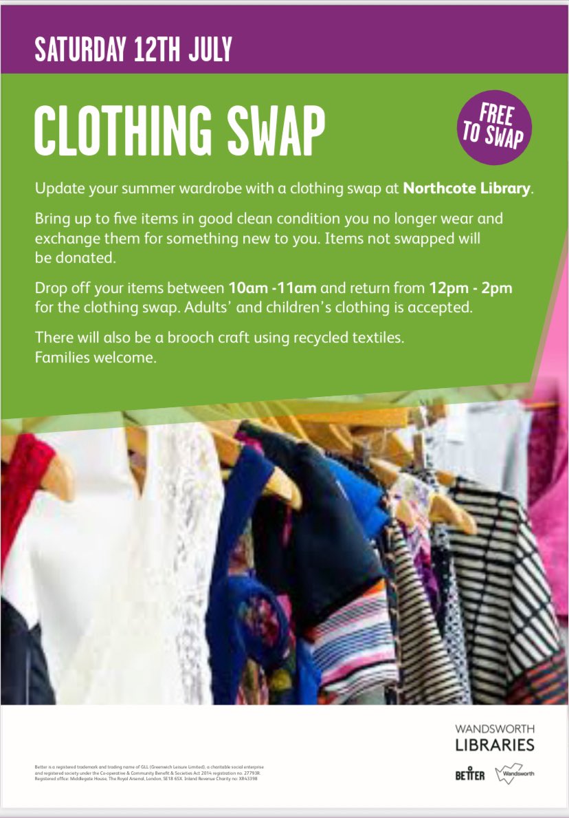 Northcote Library (@northcotelibra1) on Twitter photo Update your summer wardrobe with a clothing swap <a href="/NorthcoteLibra1/">Northcote Library</a> on Saturday 12 July. Bring up to five items and exchange them for something new to you. There will also be a brooch craft using recycled textiles. Details below 👇 Update your summer wardrobe with a clothing swap <a href="/NorthcoteLibra1/">Northcote Library</a> on Saturday 12 July. Bring up to five items and exchange them for something new to you. There will also be a brooch craft using recycled textiles. Details below 👇