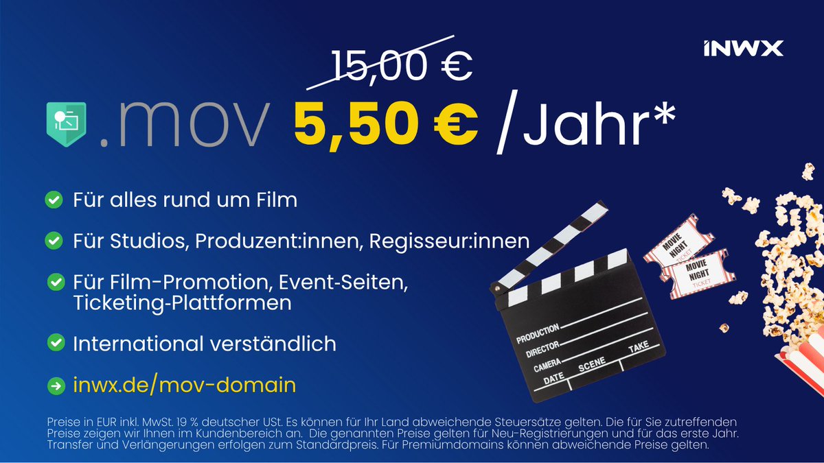 .MOV ist eine sichere Domain für bewegte Bilder und alles, was Dich bewegt. 🎥🎞️
Ob Film, Video, Animation oder Emotion: .MOV ist die perfekte Domain für alles, was in Bewegung ist.
Sichere Dir jetzt vergünstigt Deine .MOV-Domain!
👉🏻 inwx.de/mov-domain