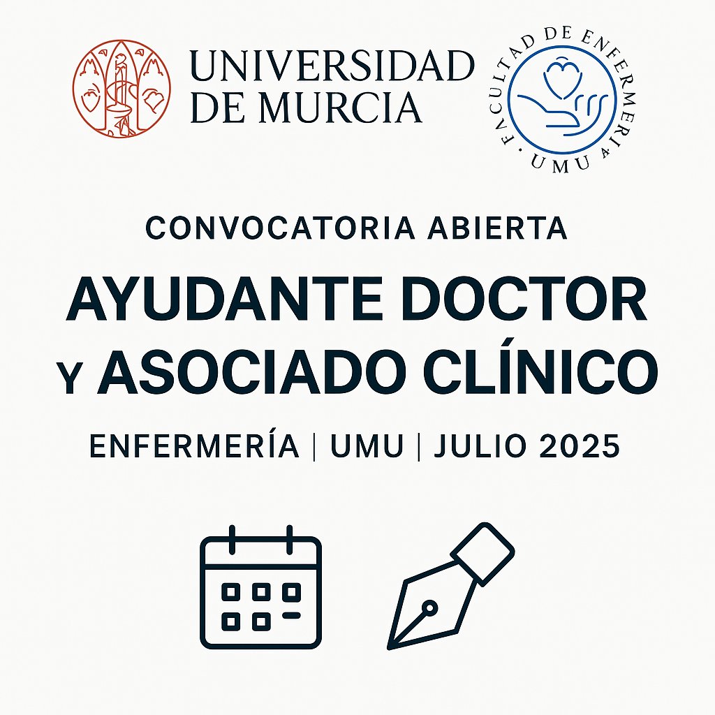 Icuida2's tweet image. 📢 Abierto el plazo para plazas de Ayudante Doctor y Asociado Clínico en Enfermería en la @UMU.
🗓️ Solicitudes y más info en🔗: convocum.um.es/convocum2/pagi…
#Enfermería #Docencia #Universidad
#Investigación