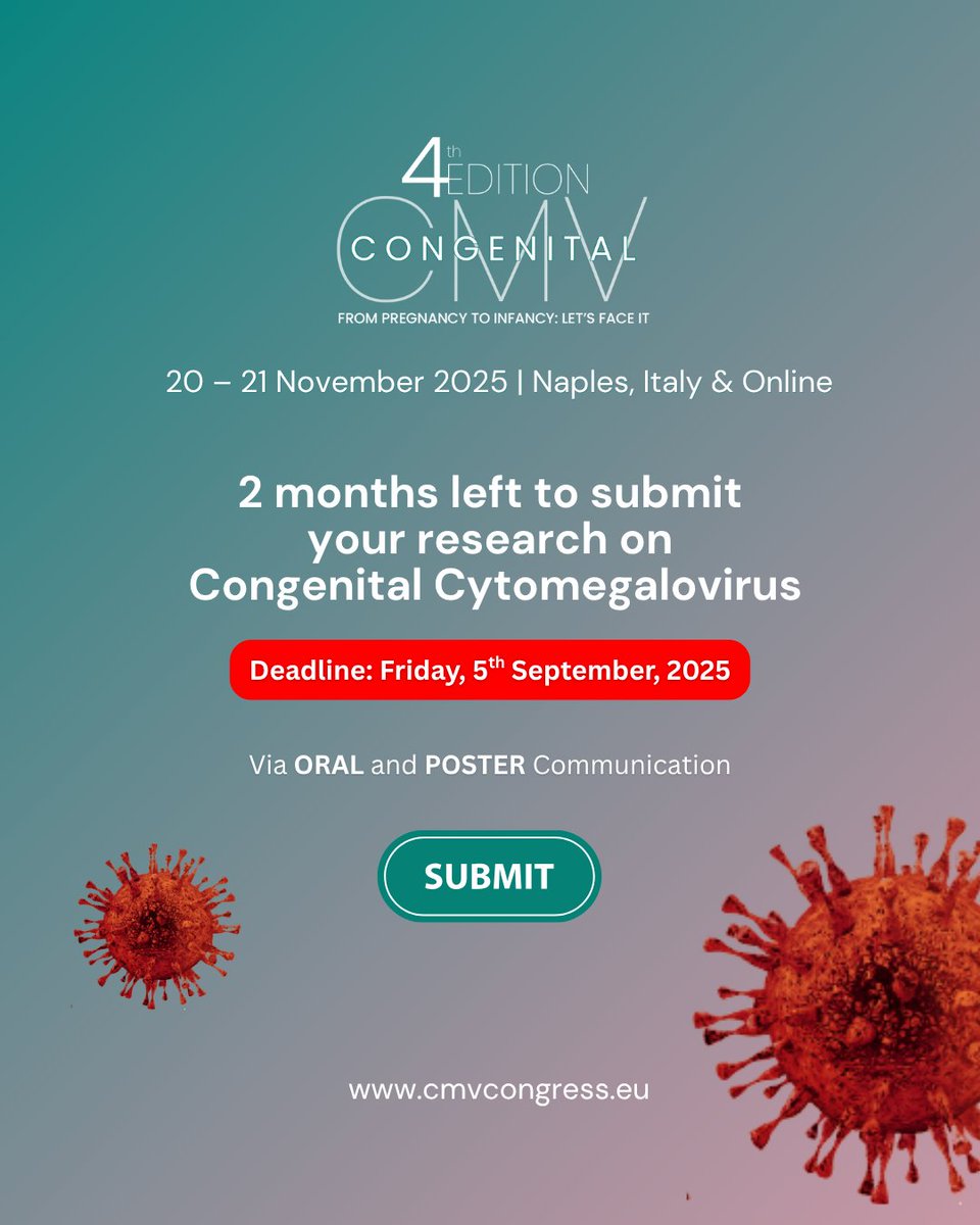 CMV_Congress's tweet image. Just 2 months left to submit your abstract for #CMVcongress 2025 — the only global event dedicated entirely to cytomegalovirus in maternal, fetal, and neonatal health.
Submit here👉: bit.ly/CMV-ABSTRACT
Online participation available✅: bit.ly/CMV-REGISTER
@cmvactionuk