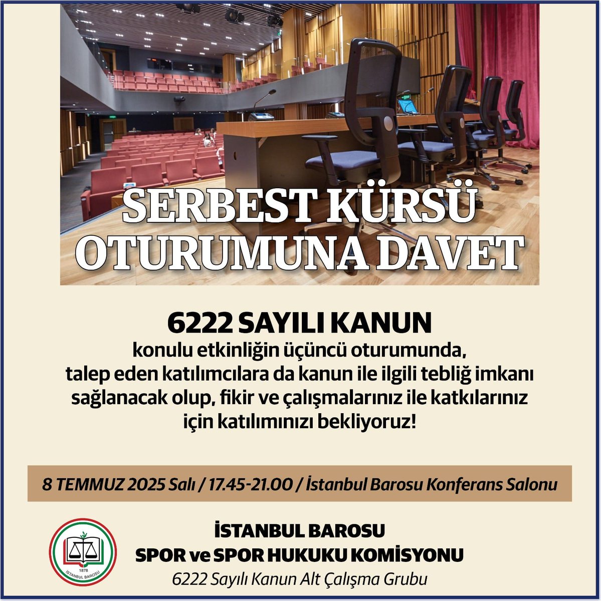 istbarospor's tweet photo. İstanbul Barosu Spor ve Spor Hukuku Komisyonu olarak 6222 Sayılı Alt Çalışma Grubu çalışmaları kapsamında düzenleyeceğimiz, 6222 Sayılı Sporda Şiddet ve Düzensizliğin Önlenmesine Dair Kanun konferansına davetlisiniz. https://t.co/WdMvwPNtXK