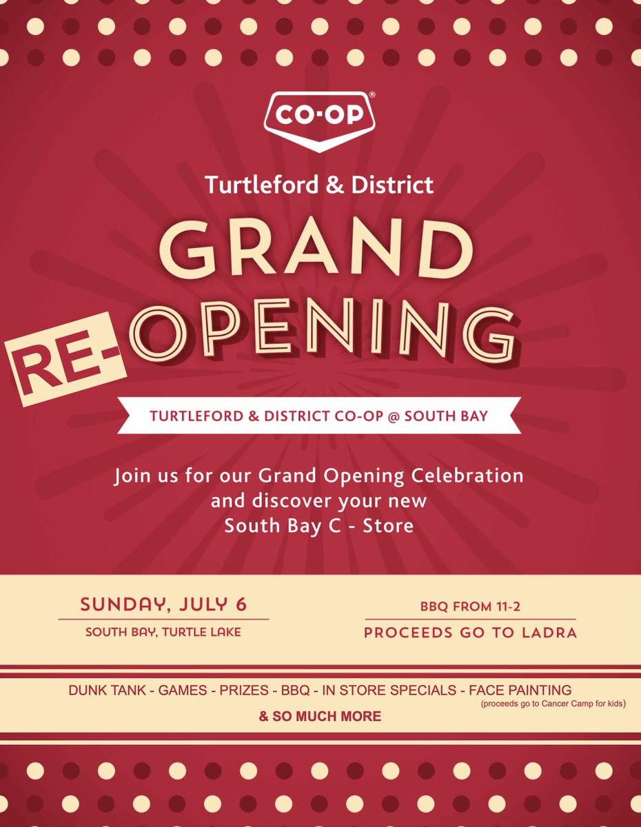 Sunday: Join us at South Bay, Turtle Lake for the Grand Re-Opening of our South Bay store! We’ll have a full day of fun, prizes, and awesome in-store specials—perfect for the whole family starting from 11am.