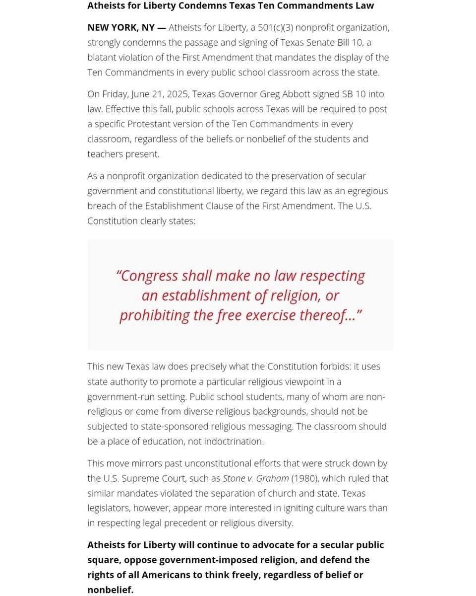 Atheists for Liberty Condemns Texas Ten Commandments Law <a href="/GregAbbott_TX/">Greg Abbott</a>