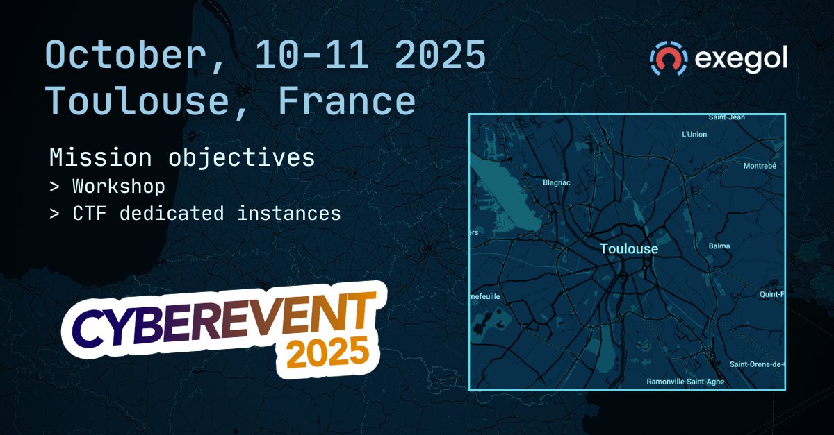 Exegol (@exegogol) on Twitter photo Exegol meets <a href="/CyberEvent31/">CyberEvent</a> 2025 (10-11 Oct., Toulouse 🇫🇷)
We're partnering up for this edition, and will be offering a free hands-on workshop 🏋️
CTF players will also be able to enjoy dedicated Exegol instances, just in case 👀
🎟️ Tickets at tickets.cyberevent.fr/ce2k25/rick/ Exegol meets <a href="/CyberEvent31/">CyberEvent</a> 2025 (10-11 Oct., Toulouse 🇫🇷)
We're partnering up for this edition, and will be offering a free hands-on workshop 🏋️
CTF players will also be able to enjoy dedicated Exegol instances, just in case 👀
🎟️ Tickets at tickets.cyberevent.fr/ce2k25/rick/