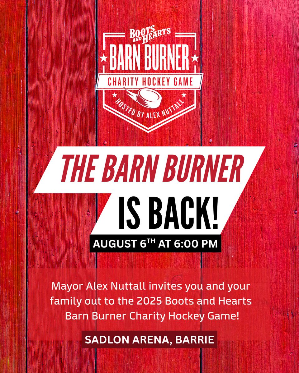 The Boots &amp; Hearts Barn Burner Charity Hockey Game IS BACK and BIGGER than ever!

🎟 Don’t miss your chance to be part of this iconic night: barrierotary.com/barn-burner/.?utm_source=twitter&amp;utm_medium=social&amp;utm_content=ap_sthovugo2v