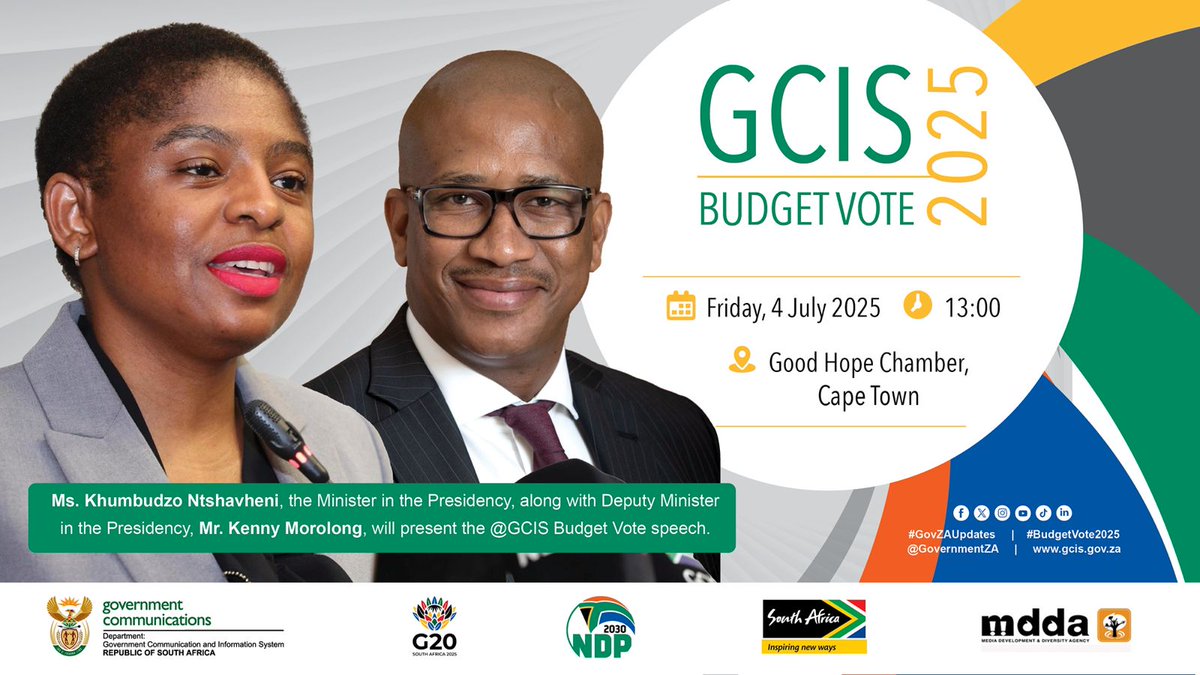 GCIS Sedibeng (@gcis_sedibeng) on Twitter photo The GCIS 2025 Budget Vote will be tabled before Parliament this coming Friday, 4 July starting 13h00 at the Good Hope Chambers.
<a href="/GCISGauteng/">GCIS Gauteng Prov Office</a> The GCIS 2025 Budget Vote will be tabled before Parliament this coming Friday, 4 July starting 13h00 at the Good Hope Chambers.
<a href="/GCISGauteng/">GCIS Gauteng Prov Office</a>