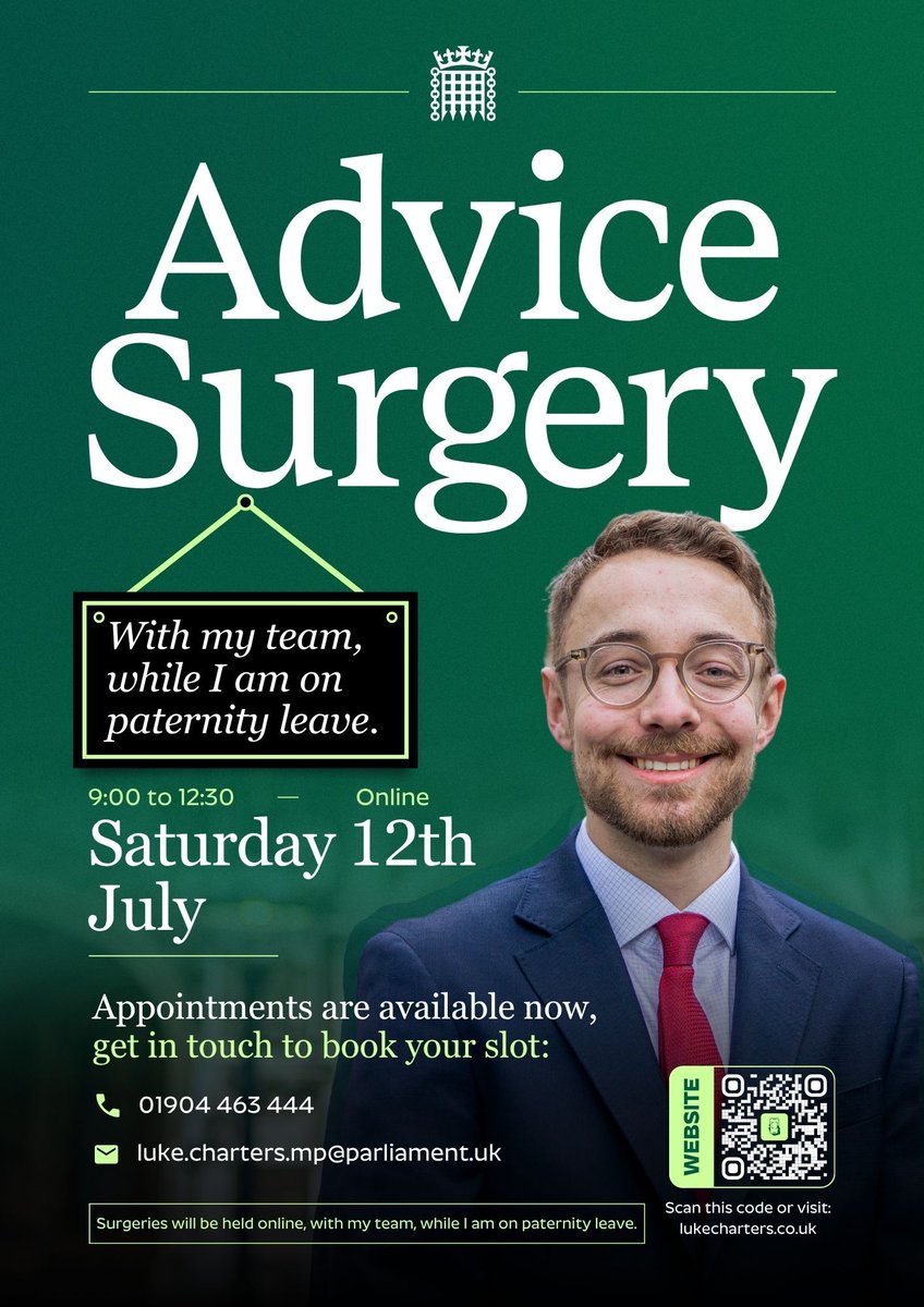 Luke Charters MP (@lukejcr) on Twitter photo My usual monthly advice surgeries are still going ahead while I am on paternity leave, with my brilliant team.
The next one, with the team, is coming up on 12th July and will be held online.
If you'd like to speak to my team about an issue you're facing or a policy you're My usual monthly advice surgeries are still going ahead while I am on paternity leave, with my brilliant team.
The next one, with the team, is coming up on 12th July and will be held online.
If you'd like to speak to my team about an issue you're facing or a policy you're