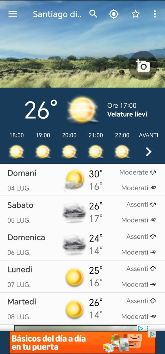 I media italiani titolano 102 morti per il caldo in Spagna e parlano di record in Galizia. Ecco le temperature da oggi a Santiago de Compostela... Ogni commento è superfluo.