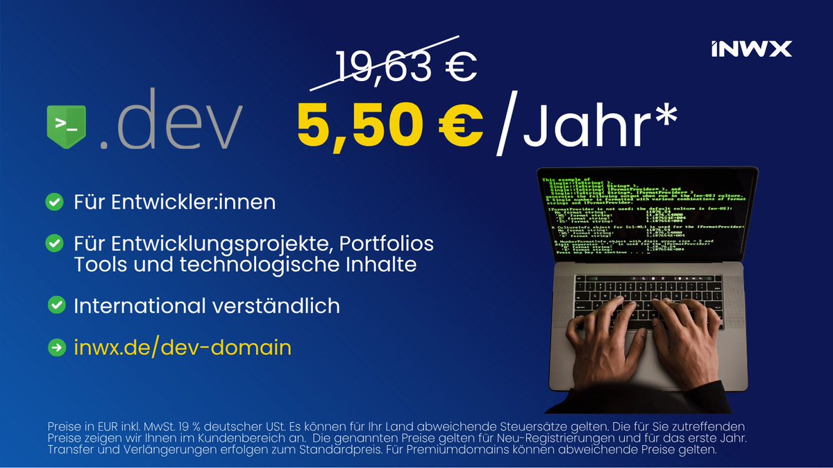 .DEV ist die sichere Domain für Entwickler:innen und Technologie. 👨🏻‍💻
Von Tools über Plattformen bis zu Blogs und Programmiersprachen. Sichere Dir jetzt Deine .DEV-Domain, um Projekte, Dokus und mehr zu präsentieren.
👉🏻 inwx.de/dev-domain