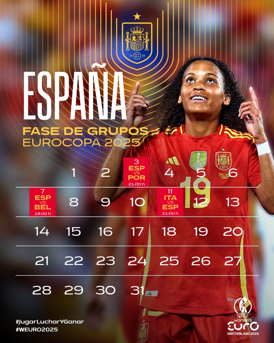 👩‍🏫 Fancy a last-minute revision session before #WEURO2025?

📆 Group stage schedule: Here you go!

Have a little sneak peek at our 𝗜𝗡𝗙𝗢𝗥𝗠𝗔𝗧𝗜𝗢𝗡 𝗣𝗔𝗖𝗞 ‘cheat sheet’: 😉 rfef.es/en/noticias/sq…

#JugarLucharYGanar