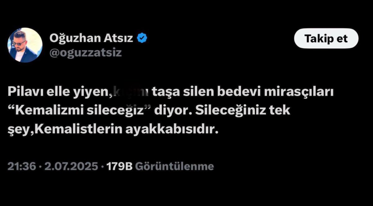 🔴Leman Dergisi’ne yönelik kamuoyunda oluşan haklı tepkiyi hazmedemeyen Oğuzhan Atsız isimli İslam ve Allah düşmanı şahıs, Peygamber Efendimiz’e (sav) ağır hakaretlerde bulundu.

🔴Atsız, tepkilerin çığ gibi büyümesi sonrası sosyal medya hesabını kilitleyerek kaçtı.