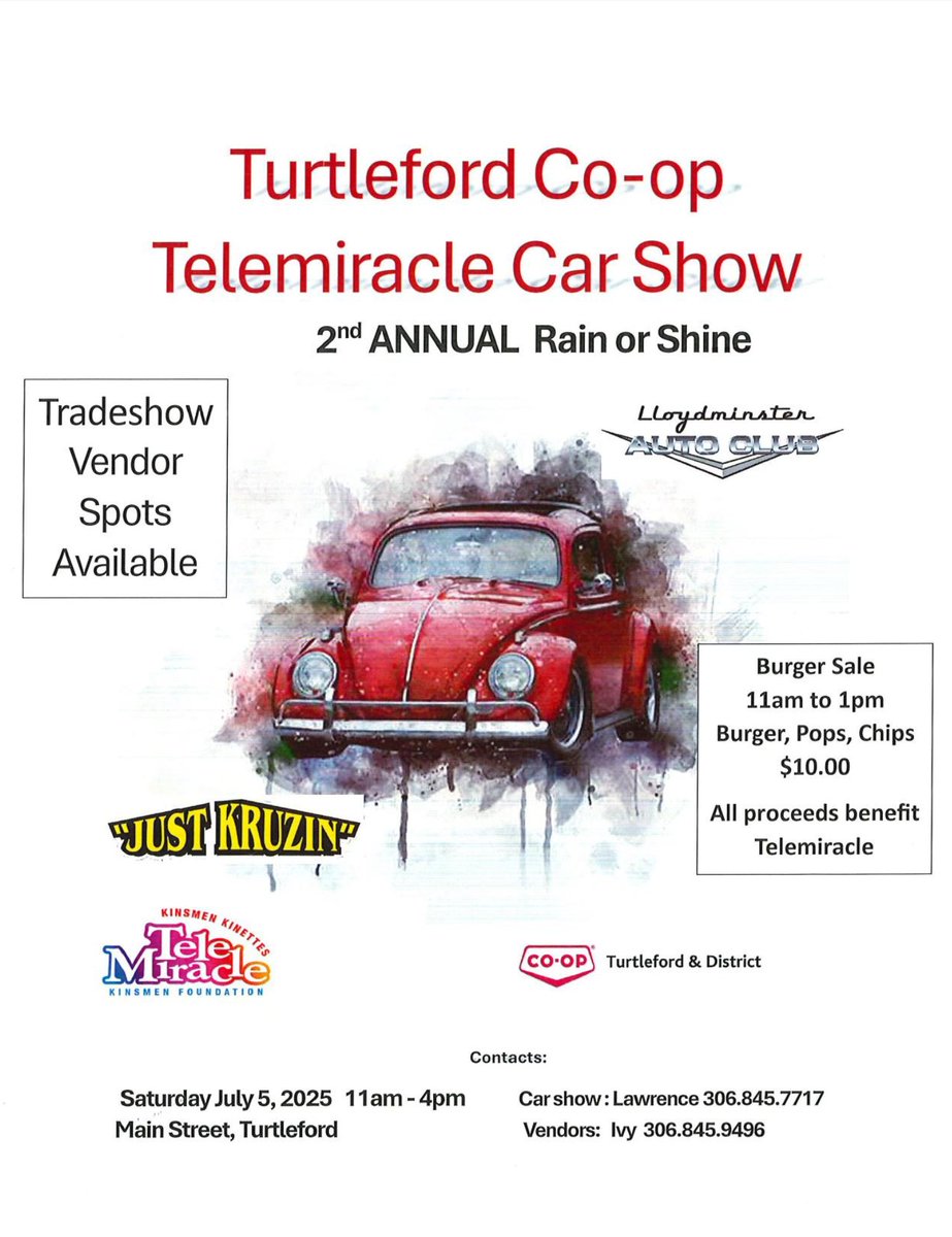 Counting down the days to a BIG weekend in Turtleford and area!

Saturday: It all kicks off with the Turtleford Car Show, a day of classic rides, trade show vendors, and a BBQ in support of Telemiracle.