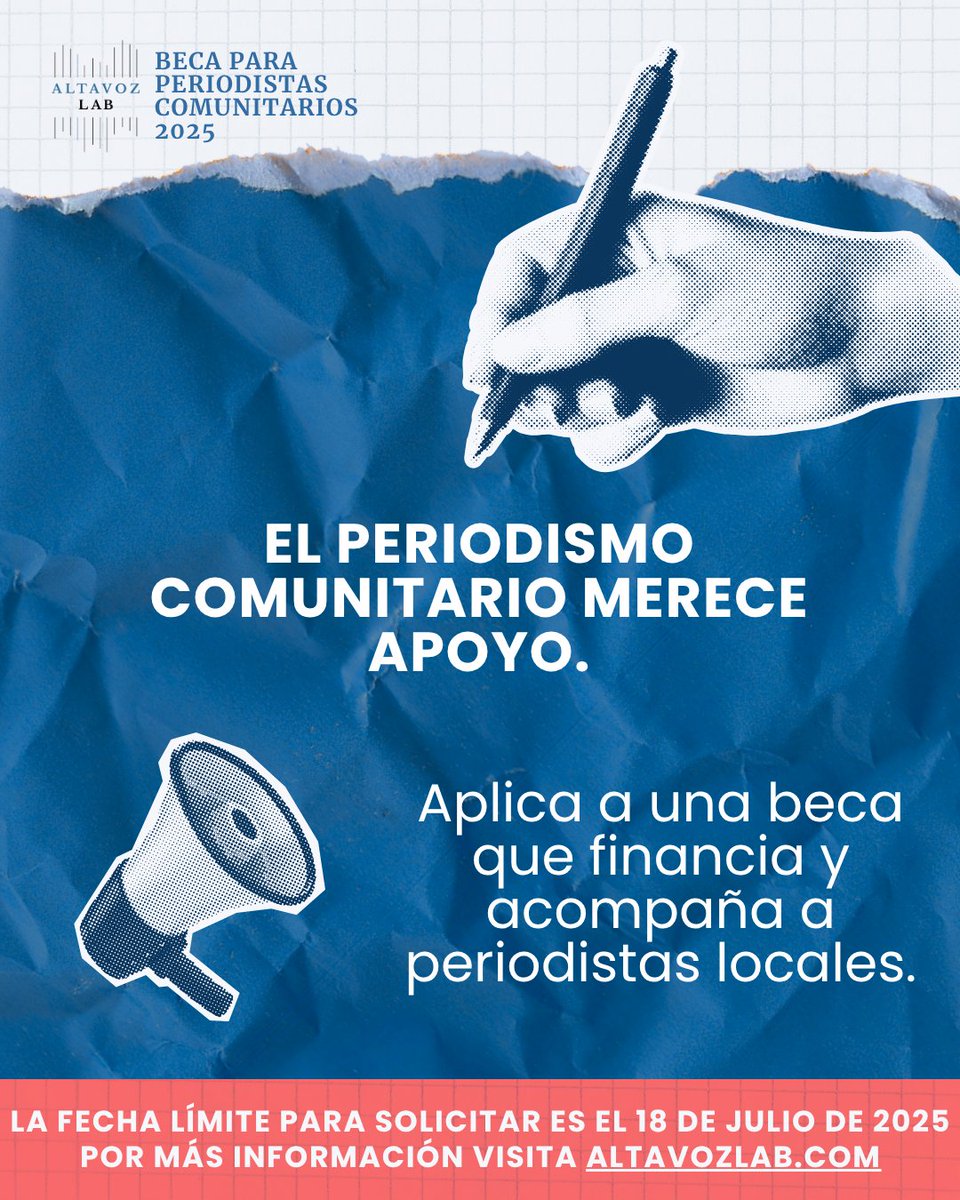 Altavoz_Lab's tweet image. 🚨 ¡Convocatoria abierta!
Altavoz Lab ofrece hasta $8K + mentoría para periodistas que trabajan en y para comunidades subrepresentadas.
🌎 Inglés o español
📍 Frontera, EE.UU., Puerto Rico
⏳ Cierra: 18 de julio
🔗 altavozlab.com/beca-para-peri…
#Periodismo #Beca