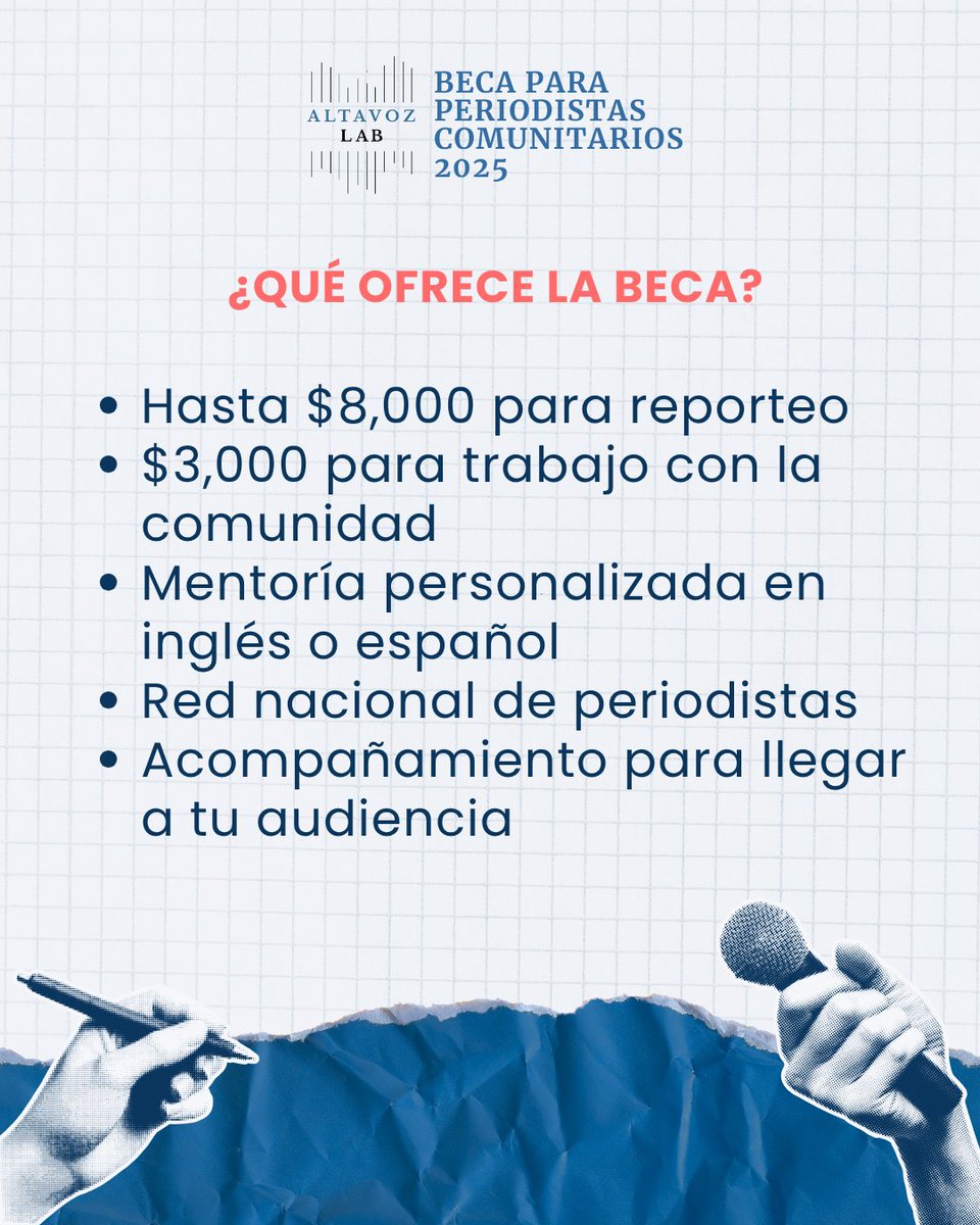 Altavoz_Lab's tweet image. 🚨 ¡Convocatoria abierta!
Altavoz Lab ofrece hasta $8K + mentoría para periodistas que trabajan en y para comunidades subrepresentadas.
🌎 Inglés o español
📍 Frontera, EE.UU., Puerto Rico
⏳ Cierra: 18 de julio
🔗 altavozlab.com/beca-para-peri…
#Periodismo #Beca
