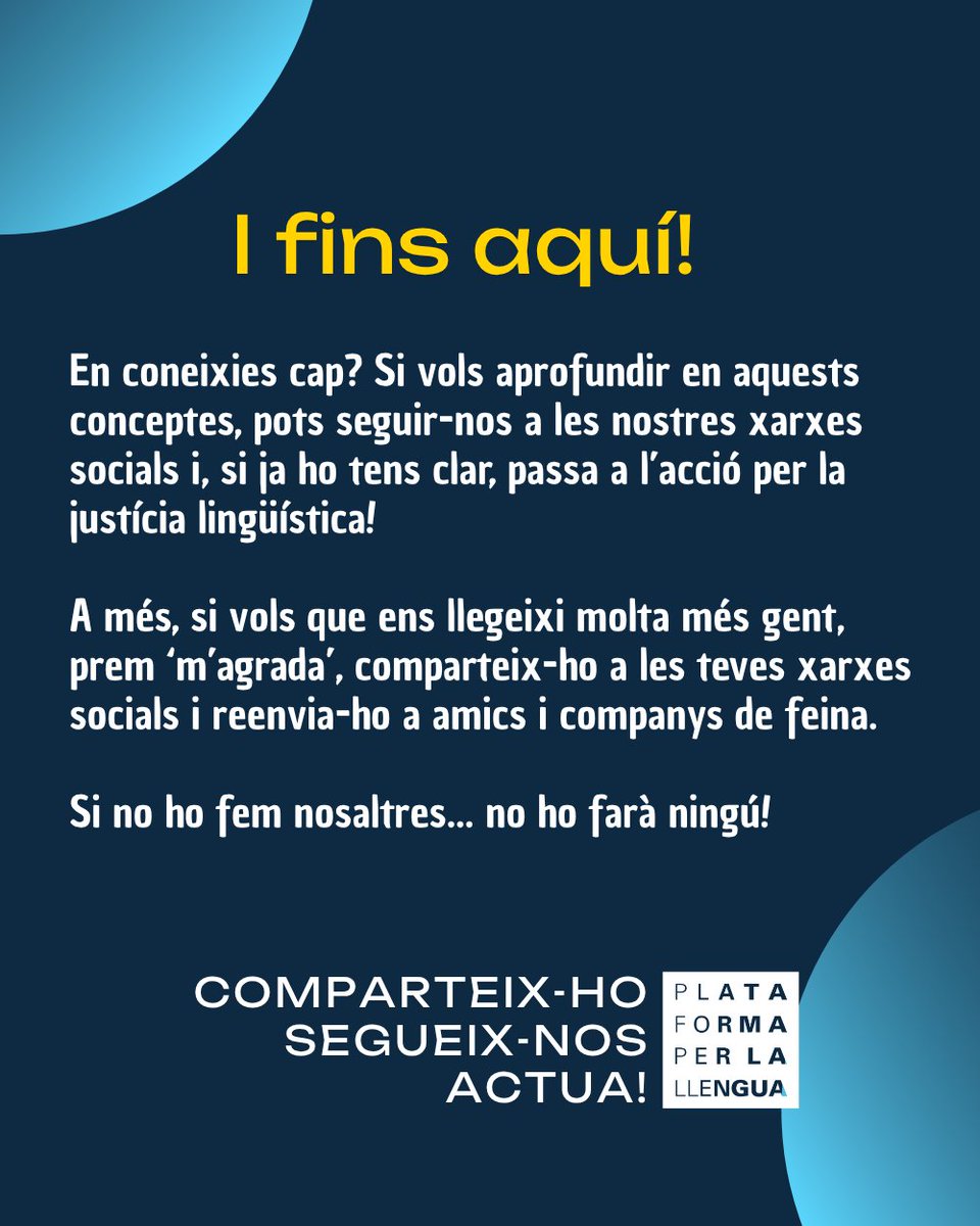 📣 A Plataforma per la Llengua treballem per difondre aquest coneixement i defensar els drets dels catalanoparlants; els nostres drets.

Perquè parlar en català és un exercici de dignitat individual i col·lectiva, i cap dret no s’exerceix si no es defensa! ✊