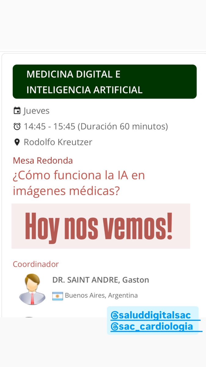 📍 ¡Arranca el Congreso de Imágenes de la SAC!

Hoy nos encontramos en La Rural, en Buenos Aires, para seguir explorando el futuro de la cardiología. A las 14:45 estaré coordinando una mesa redonda sobre un tema apasionante:

🧠 ¿Cómo funciona la inteligencia artificial en