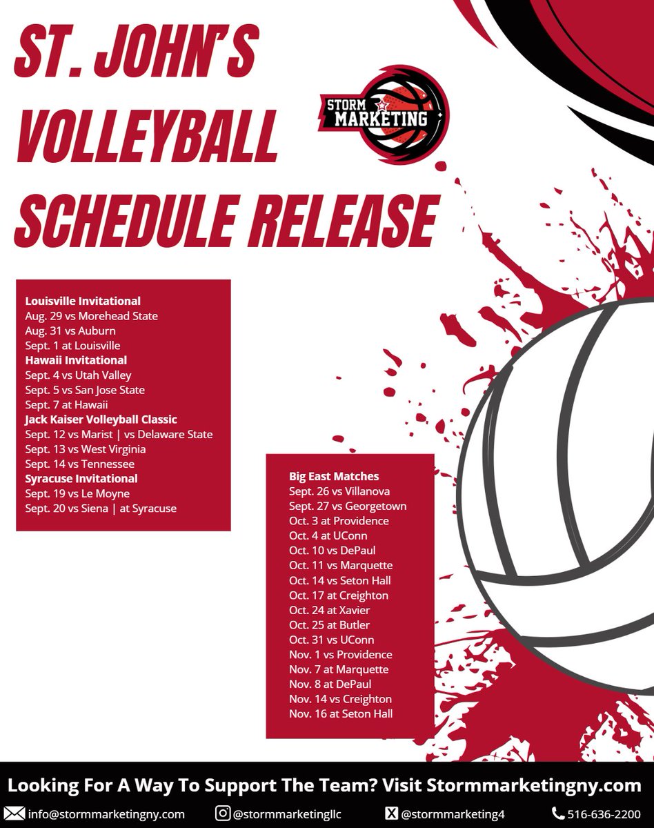 StormMarketing4's tweet image. St. John’s fans, the 2025 St. John’s Volleyball schedule has been released!
The Johnnies kick off their season with the Louisville Invitational from Aug. 29 - Sept. 1
Visit Stormmarketingny.com to find out how you can support the team
#StJohns #StJohnsVolleyball…