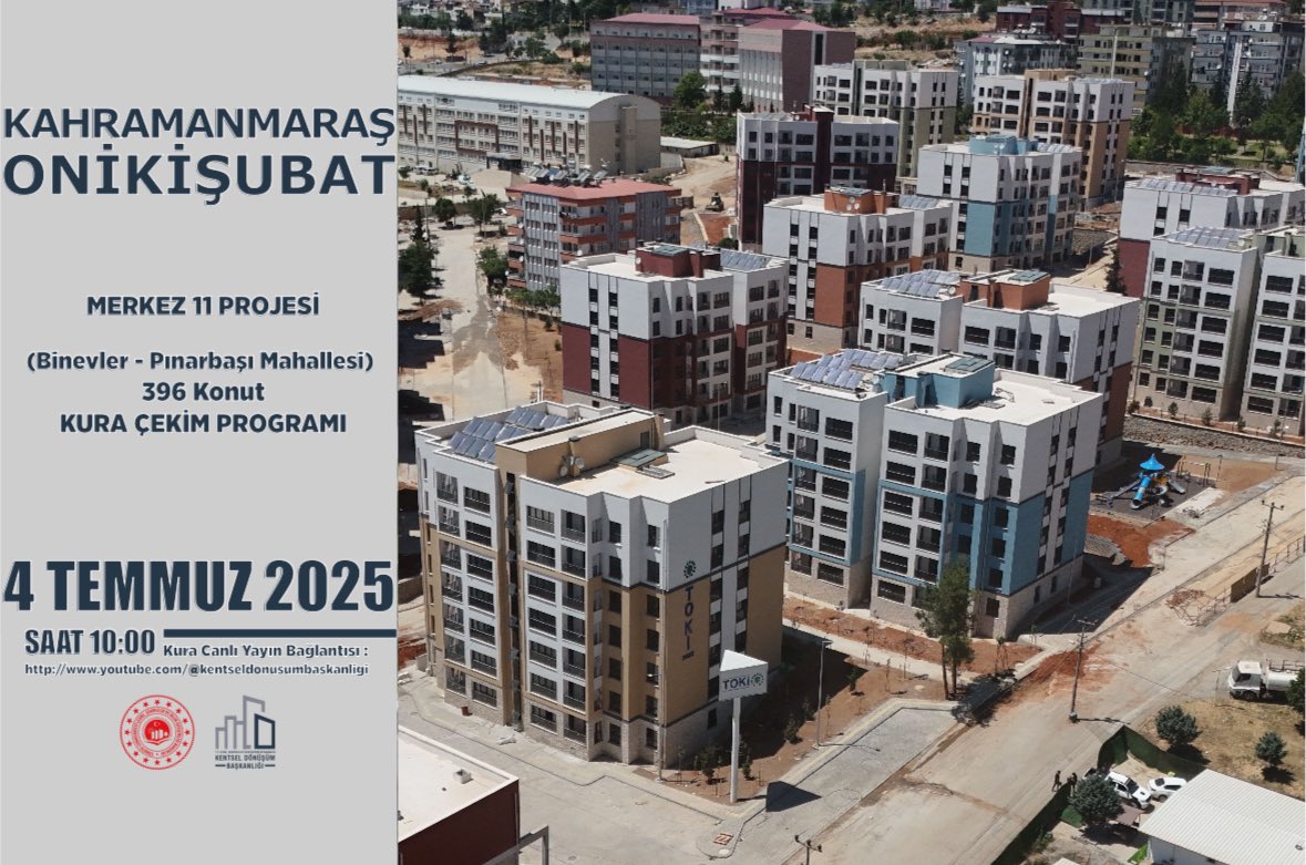 📍 Kahramanmaraş’ta Kura Çekimi Günü

4 Temmuz 2025 Cuma günü;

🕙 Saat 10.00’da Onikişubat İlçesi Binevler ve Pınarbaşı Mahallelerinde, Merkez 11 Projesi kapsamında inşa edilen 396 konutun hak sahipleri kura çekimi ile belirlenecektir.

🎥 Kura çekimini Başkanlığımızın YouTube