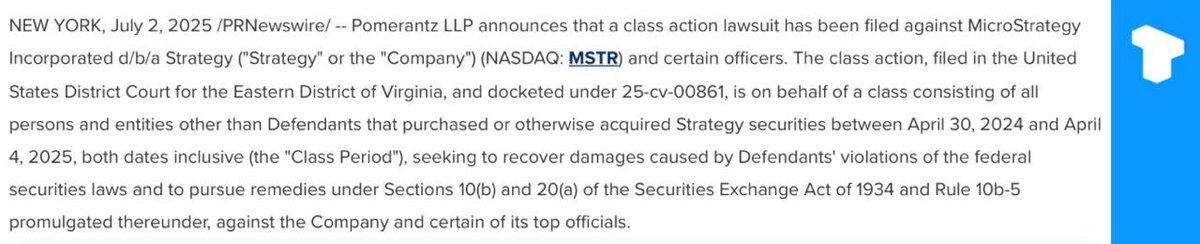 New York law firm Pomerantz has filed a class action lawsuit against Strategy, alleging it misled investors about its Bitcoin strategy and failed to disclose the impact of new accounting rules, citing a $5.9bn unrealized Q1 loss.
t.me/telonews/13708
