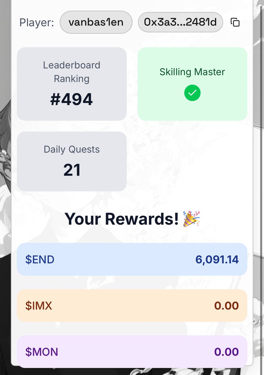 Yaklaşık 3000 kişinin ödül kazandığı <a href="/TheTreeverse/">Treeverse</a> oyununda 494. Sırayı alarak 6091 $END token kazanmışım. 82 level olacak kadar oynayamazdım oynayanlara helal olsun. 

Bakalım TGE olunca ne kadar edecek göreceğiz.