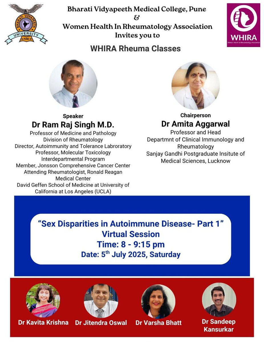 Dr. Kavita Krishna (@kavitak1967) on Twitter photo Guest lecture:Dr. Ram Raj Singh
Topic: Sex Disparities in Autoimmune Disease
Time: Saturday, Jul 5, 2025 08:00 PM India
Join Zoom Meeting
zoom.us/j/91426167959?…
Meeting ID: 914 2616 7959
Passcode: 878848
#Rheumtwitter
<a href="/AWIRGROUP/">Association of Women in Rheumatology</a>
<a href="/Therheumadoc/">srilakshmi sathiya</a>
<a href="/IndianRheum/">IRA</a>
<a href="/deepti_pramod/">Deepti Agarwal</a> Guest lecture:Dr. Ram Raj Singh
Topic: Sex Disparities in Autoimmune Disease
Time: Saturday, Jul 5, 2025 08:00 PM India
Join Zoom Meeting
zoom.us/j/91426167959?…
Meeting ID: 914 2616 7959
Passcode: 878848
#Rheumtwitter
<a href="/AWIRGROUP/">Association of Women in Rheumatology</a>
<a href="/Therheumadoc/">srilakshmi sathiya</a>
<a href="/IndianRheum/">IRA</a>
<a href="/deepti_pramod/">Deepti Agarwal</a>