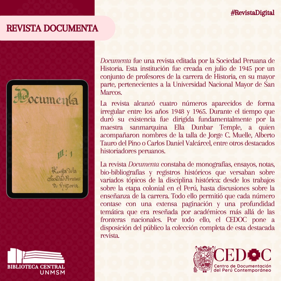 cedoc_unmsm's tweet image. 📣[YA DISPONIBLE LA NUEVA REVISTA DOCUMENTA]

🖥️Visita la revista Documenta en: cedoc.sisbib.unmsm.edu.pe/biblioteca-dig…

🔴 Síguenos en nuestras redes sociales para estar a tanto de más publicaciones del siglo XX peruano