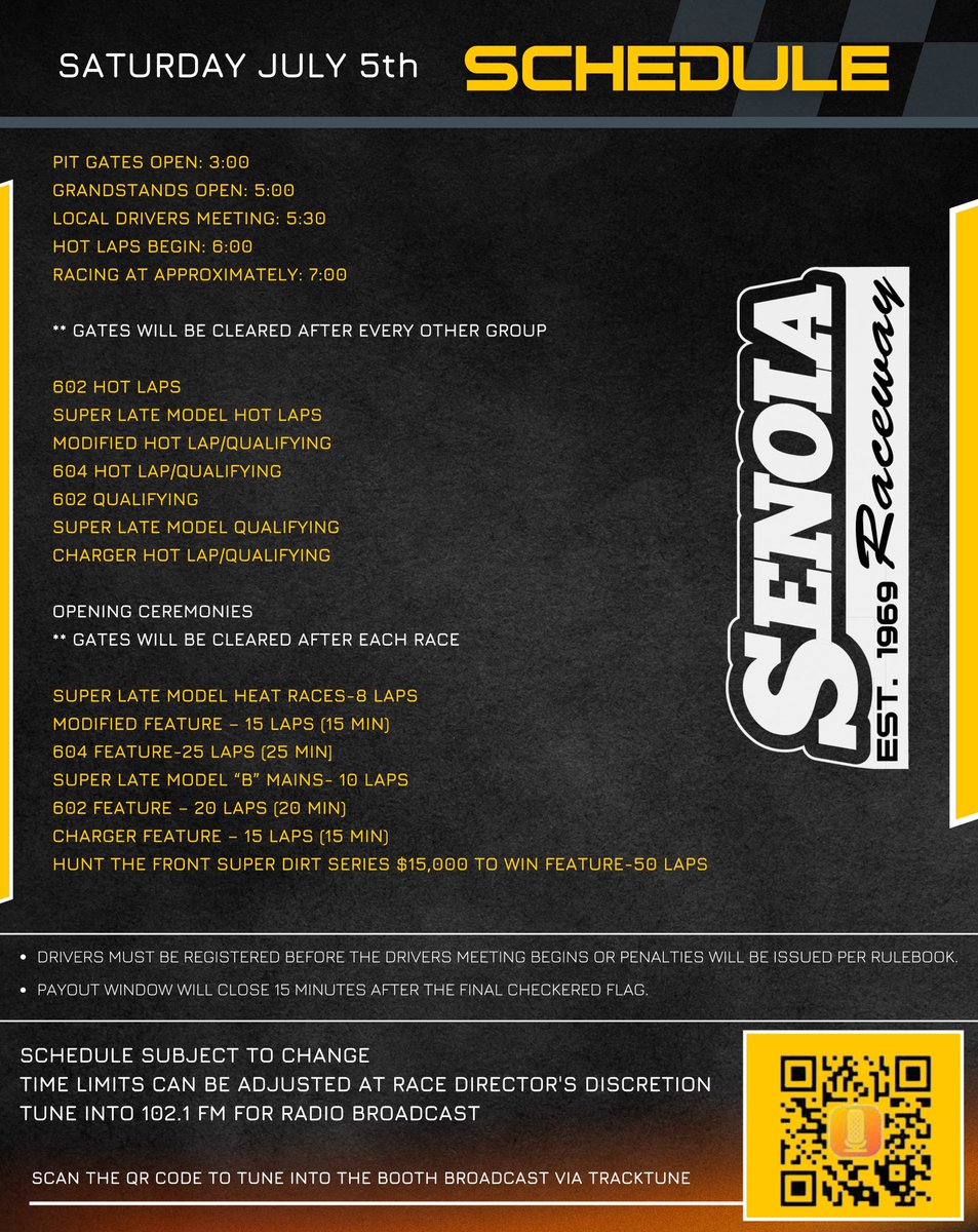SenoiaR's tweet image. 📅 Full event schedule for Sat. July 5th at Senoia Raceway is available to view and download at 👉 senoiaraceway1969.com