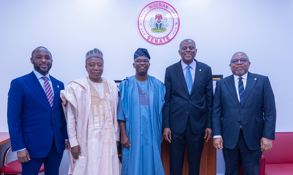 The Governor, Central Bank of Nigeria (CBN), Mr. Olayemi Cardoso(second left), flanked by (L – R) the Deputy Governor, Economic Policy, Dr. Muhammad Abdullahi, the chairman, senate committee on Banking Insurance and other Financial Institutions, Senator Mukhail Abiru , the Vice