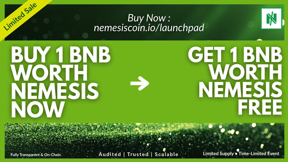 🚨JUST 3 HOURS LEFT FOR THE EVENT TO END 🚨⌛

🚨HURRY UP! GET YOUR FREE NEMESIS NOW⌛

BUY 1 BNB WORTH NEMESIS &amp; GET 1 BNB WORTH OF NEMESIS FREE, ✅ INSTANTLY 🪄 AUTOMATICALLY.

🔗Buy 1 BNB Worth of NEMESIS to avail 1 BNB Worth FREE NEMESIS MORE : nemesiscoin.io/launchpad