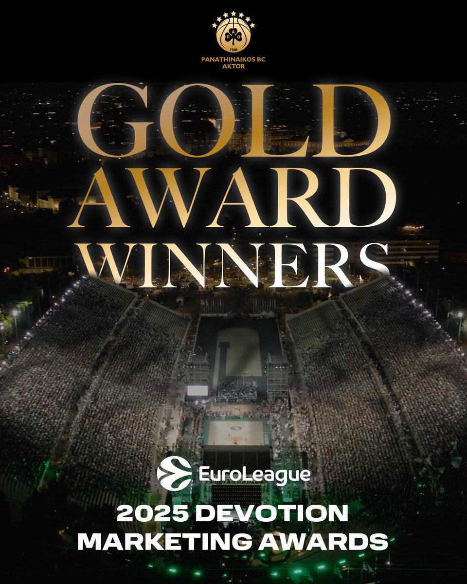 Paobcgr's tweet photo. Gold Marketing Award | EuroLeague Devotion Awards 2025 🏆

Grateful to receive this year’s Gold Marketing Award - a recognition of the passion, creativity, teamwork, and dedication that drive everything we do.

Proud to see projects like the Pavlos Giannakopoulos Tournament - Under the Stars Edition, in Panathenaic Stadium, stand out on the European stage.

Onwards and upwards 💚

#WeTheGreens #paobcaktor #LiveTheGreenMagic #Club1908 #OneClubOneApp