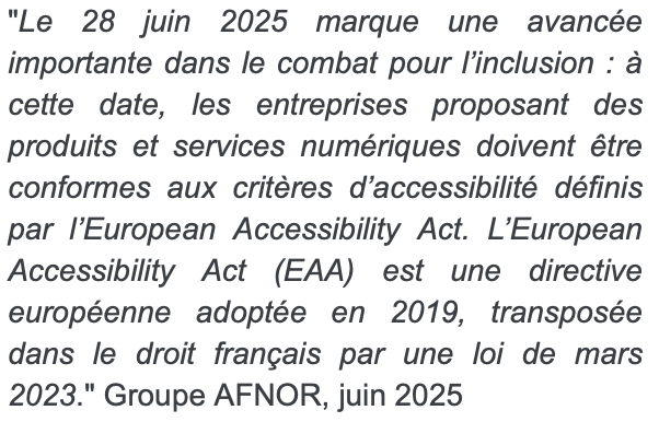 À l’occasion de l’entrée en vigueur de l’European Accessibility Act en juin 2025, <a href="/AFNOR/">AFNOR</a>  publie le guide « Inclusion numérique : réduire les inégalités » téléchargeable ici : boutique.afnor.org/fr-fr/norme/af…