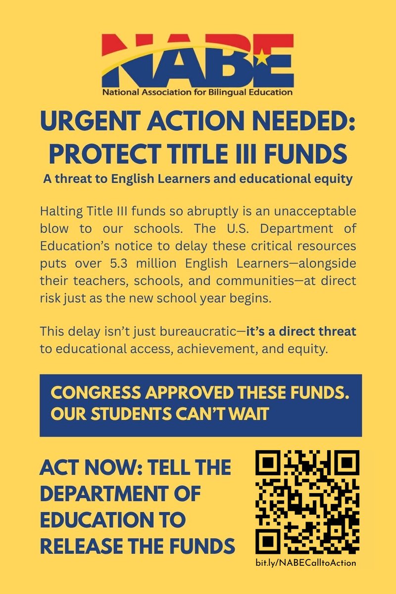 🚨 URGENT: Over 5.3 million English Learners are at risk. The Department of Education is delaying critical Title III funds—resources Congress already approved. This puts students, teachers, and schools in jeopardy just as the new school year begins.

📢 TAKE ACTION NOW: Tell the