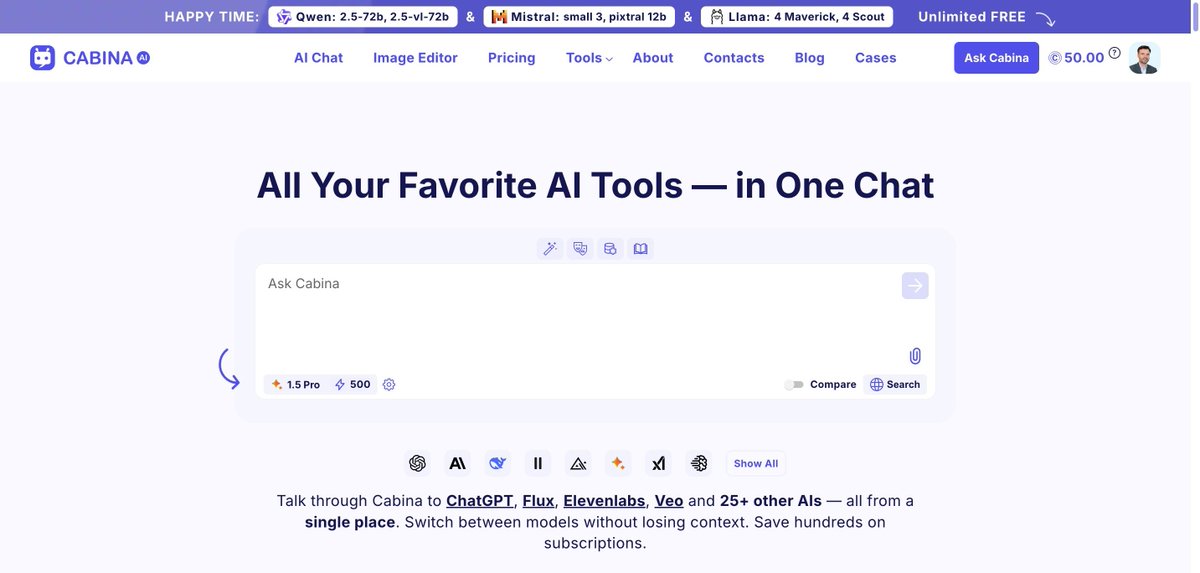 ermandgn's tweet image. En popüler yapay zeka araçlarını tek bir platformda en uygun fiyatla kullanabileceğiniz web sitesi 

cabina.ai

#yapayzeka #ai #cabina #aitools