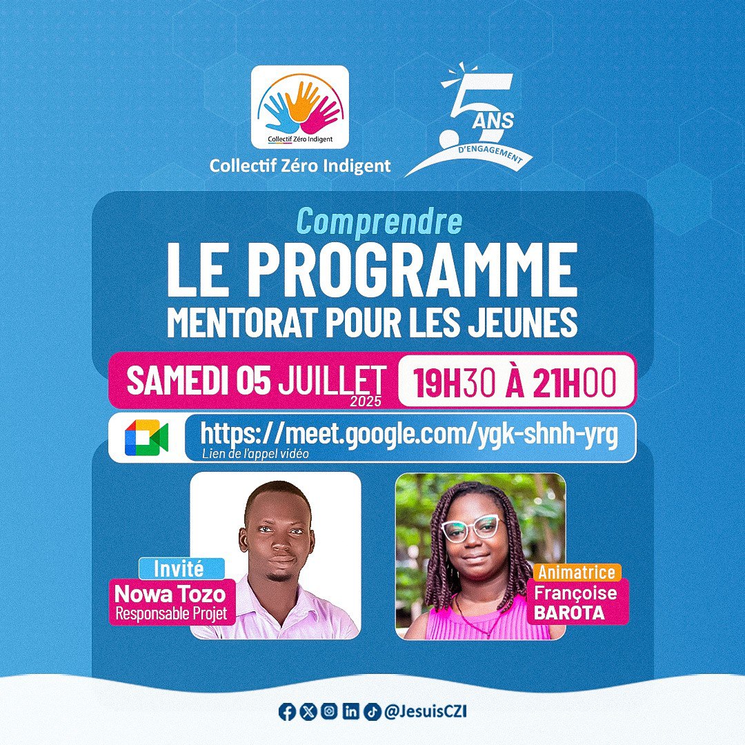 jesuisczi's tweet image. CZI, à l'occasion de la célébration de son 5eme anniversaire, figure un « programme de mentorat pour les jeunes ».

Une immersion au cœur de ce programme⤵️⤵️

Heure : de 19h30 à 21h00
Lien de l'appel vidéo : meet.google.com/ygk-shnh-yrg
CZI, Ensemble Agissons ! 

 #Durable #5ans #CZI